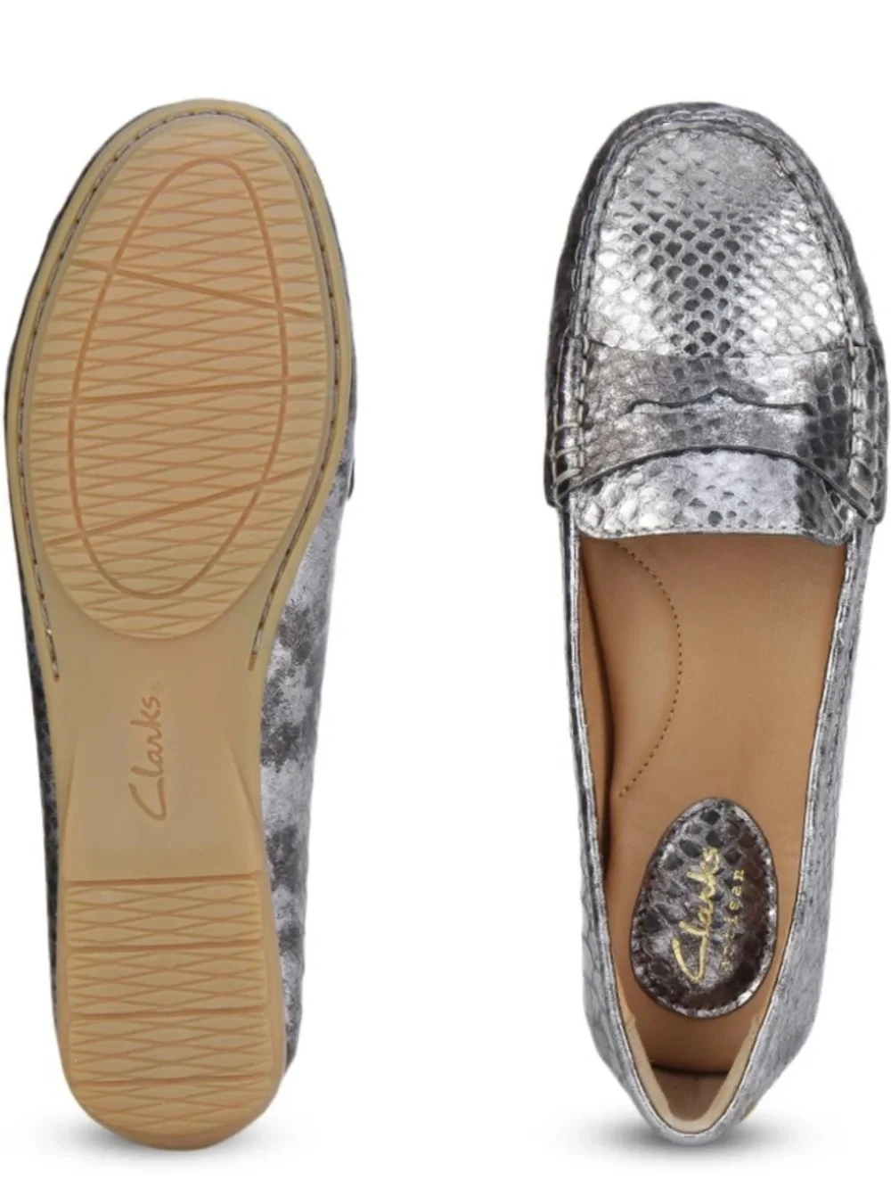 Clarks Metallic Silver Snakeskin Loafers